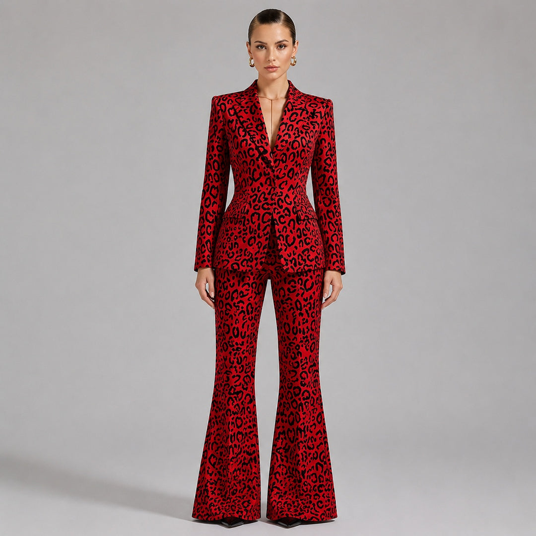 Leopard Print One-Button Blazer and Flared Pants Set for Friday Night Vibes Women-Vyana Collective