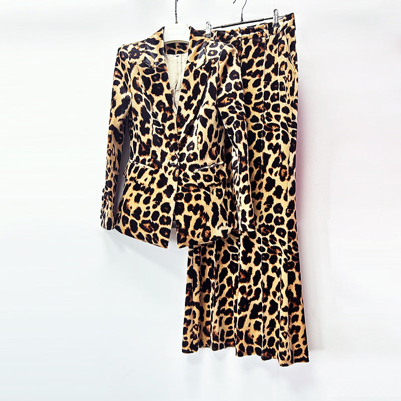 Leopard Print One-Button Blazer and Flared Pants Set for Friday Night Vibes Women-Vyana Collective