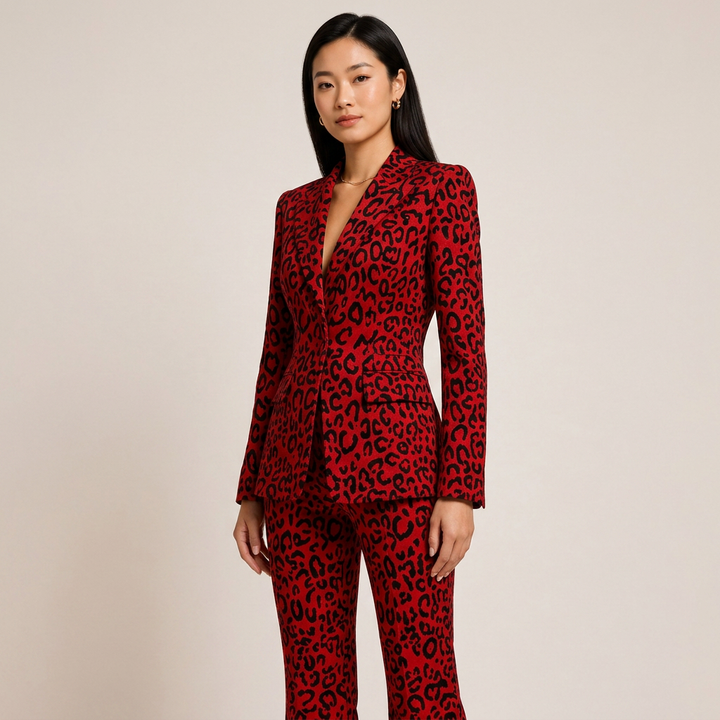 Leopard Print One-Button Blazer and Flared Pants Set for Friday Night Vibes Women-Vyana Collective