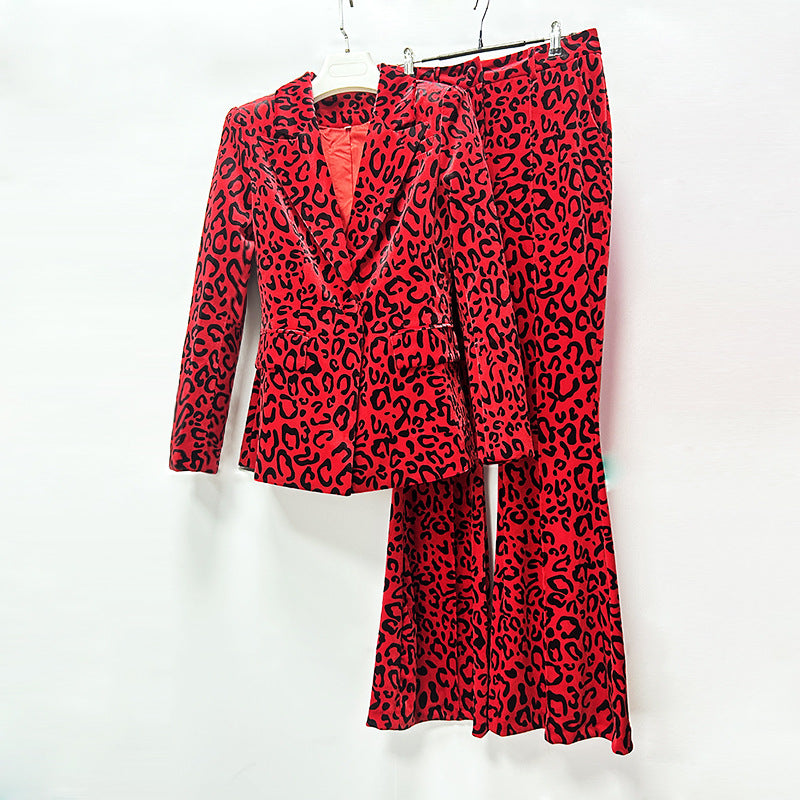 Leopard Print One-Button Blazer and Flared Pants Set for Friday Night Vibes Women-Vyana Collective