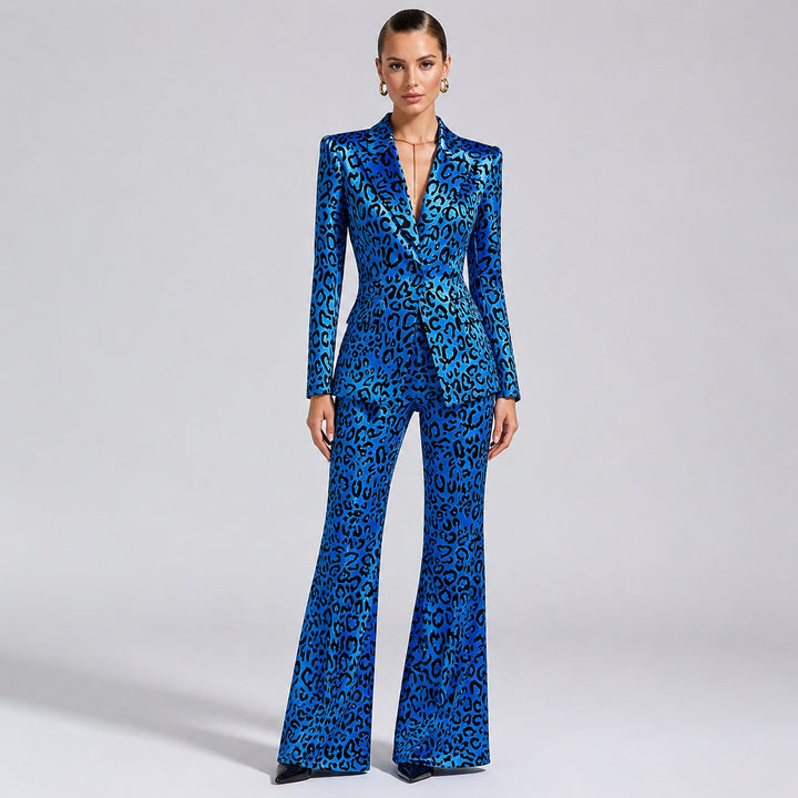 Leopard Print One-Button Blazer and Flared Pants Set for Friday Night Vibes Women-Vyana Collective