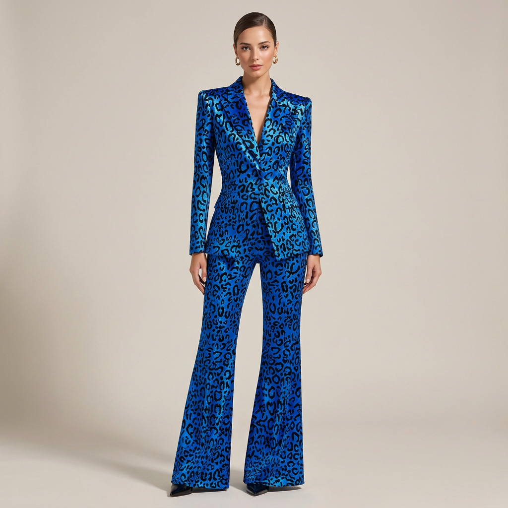 Leopard Print One-Button Blazer and Flared Pants Set for Friday Night Vibes Women-Vyana Collective