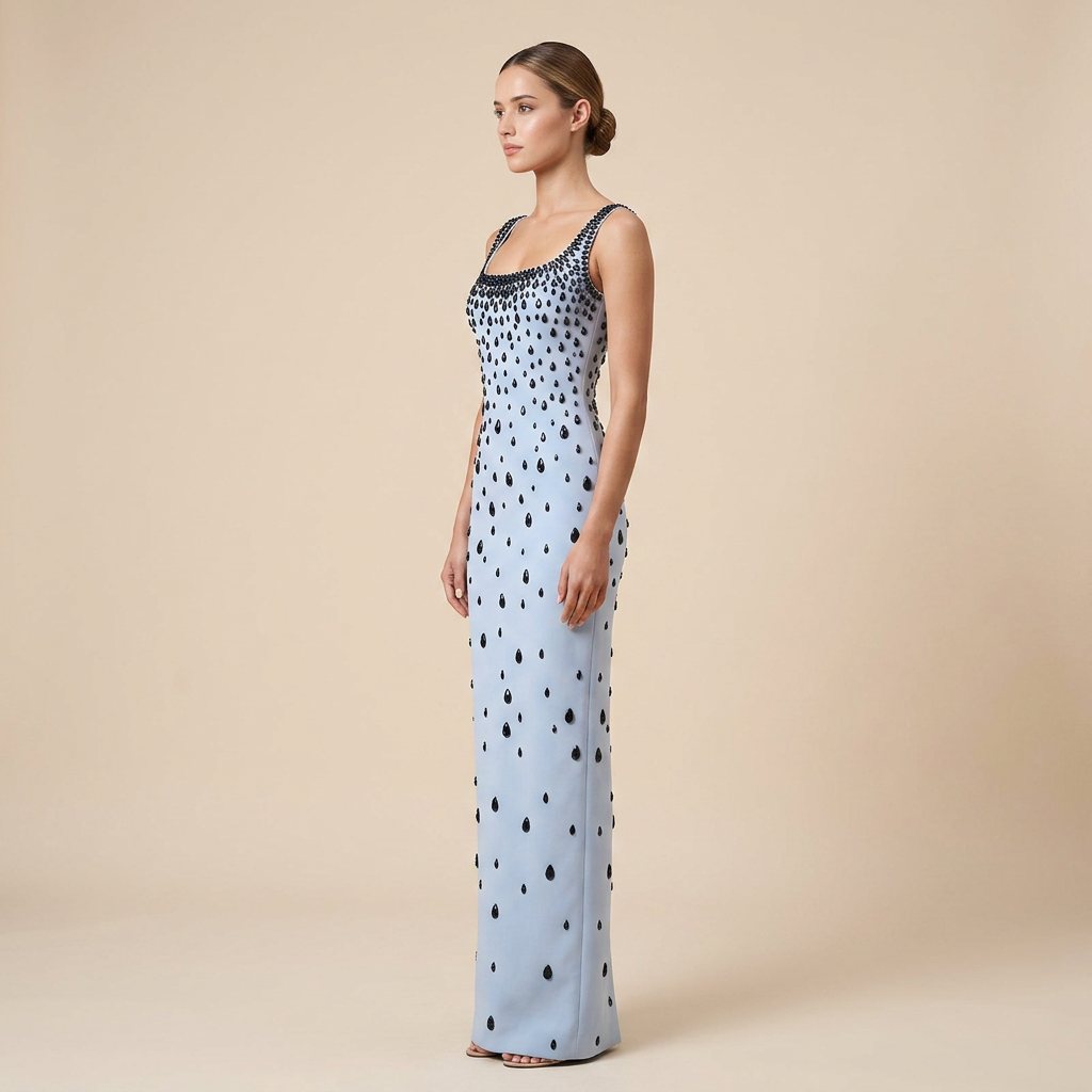 Light Blue Rhinestone Embellished Sleeveless Maxi Dress for Friday Night Vibes Women-Vyana Collective