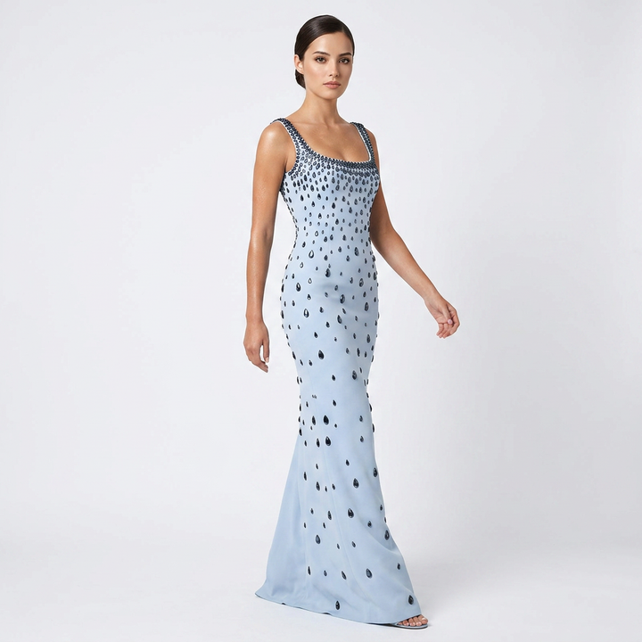 Light Blue Rhinestone Embellished Sleeveless Maxi Dress for Friday Night Vibes Women-Vyana Collective