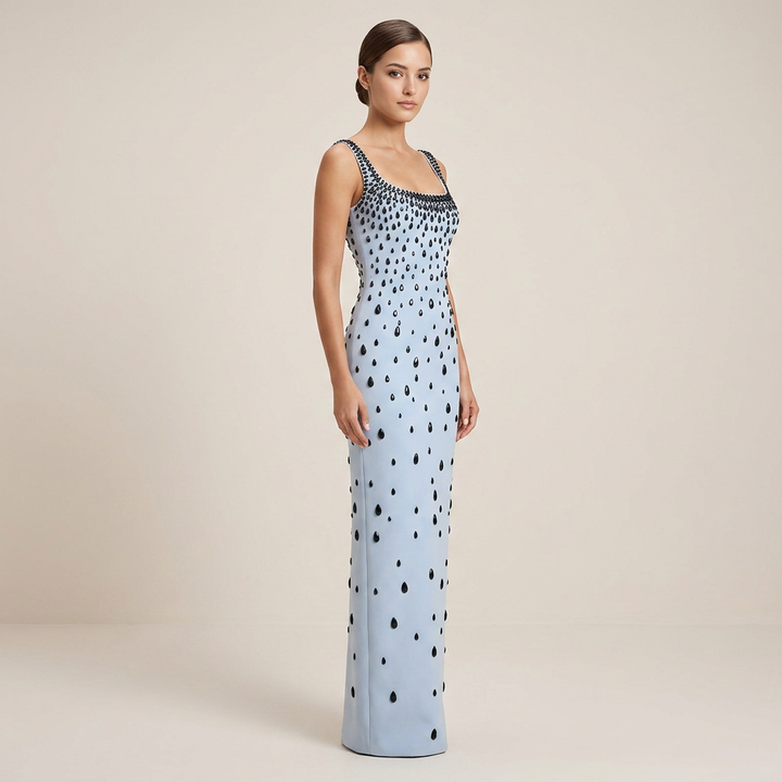 Light Blue Rhinestone Embellished Sleeveless Maxi Dress for Friday Night Vibes Women-Vyana Collective