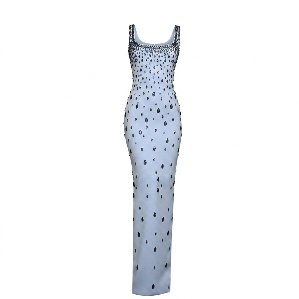 Light Blue Rhinestone Embellished Sleeveless Maxi Dress for Friday Night Vibes Women-Vyana Collective
