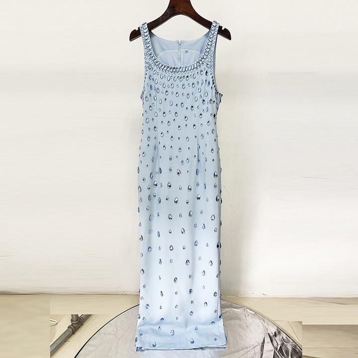 Light Blue Rhinestone Embellished Sleeveless Maxi Dress for Friday Night Vibes Women-Vyana Collective