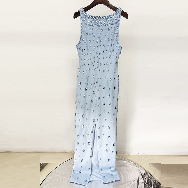 Light Blue Rhinestone Embellished Sleeveless Maxi Dress for Friday Night Vibes Women-Vyana Collective