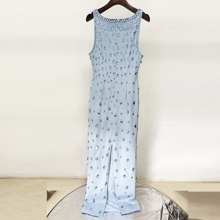 Light Blue Rhinestone Embellished Sleeveless Maxi Dress for Friday Night Vibes Women-Vyana Collective