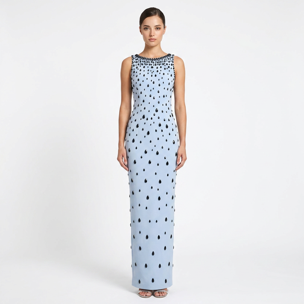Light Blue Rhinestone Embellished Sleeveless Maxi Dress for Friday Night Vibes Women-Vyana Collective
