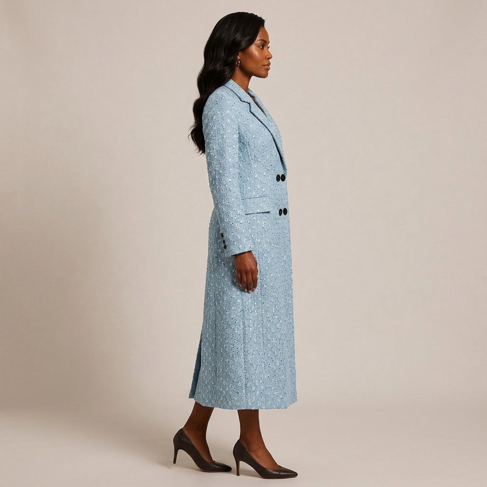 Light Blue Textured Tweed Belted Double-Breasted Long Coat-Vyana Collective