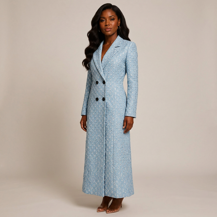 Light Blue Textured Tweed Belted Double-Breasted Long Coat-Vyana Collective