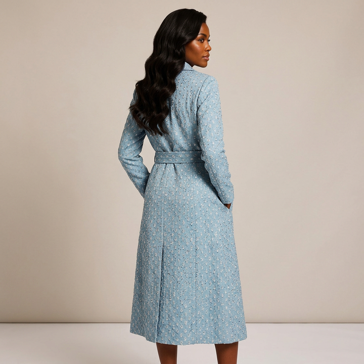 Light Blue Textured Tweed Belted Double-Breasted Long Coat-Vyana Collective