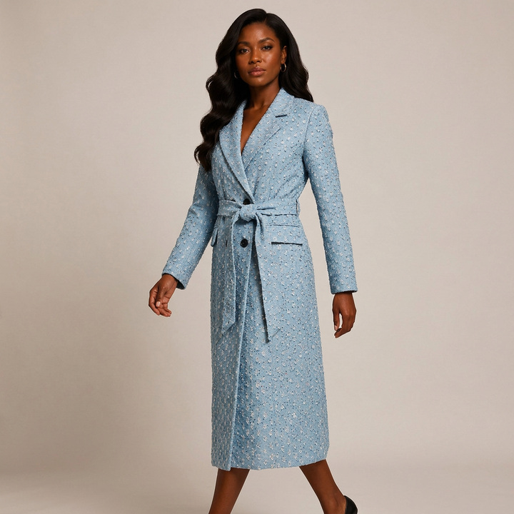 Light Blue Textured Tweed Belted Double-Breasted Long Coat-Vyana Collective