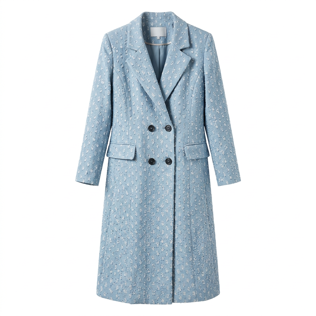 Light Blue Textured Tweed Belted Double-Breasted Long Coat-Vyana Collective