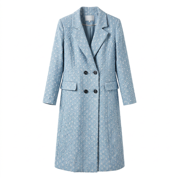 Light Blue Textured Tweed Belted Double-Breasted Long Coat-Vyana Collective