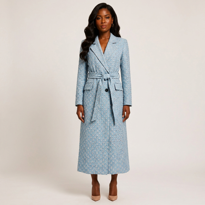 Light Blue Textured Tweed Belted Double-Breasted Long Coat-Vyana Collective