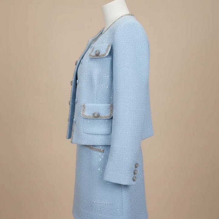 Light Blue Tweed Jacket &amp; Sleeveless Mini Dress Two-Piece Set-Vyana Collective