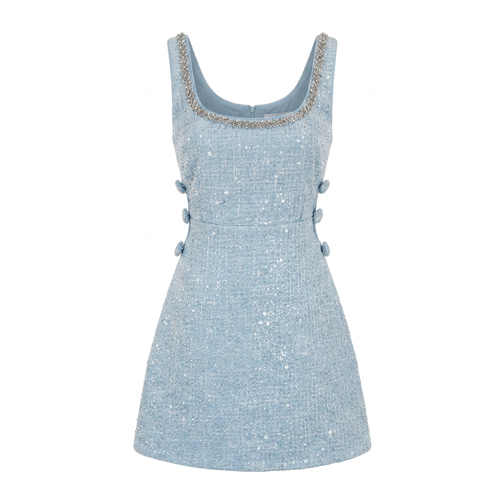 Light Blue Tweed Jacket &amp; Sleeveless Mini Dress Two-Piece Set-Vyana Collective