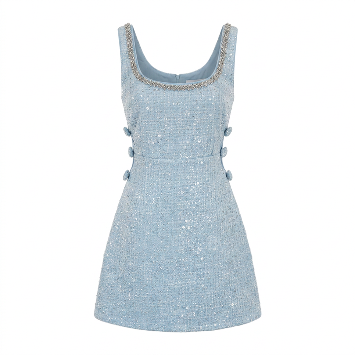 Light Blue Tweed Jacket &amp; Sleeveless Mini Dress Two-Piece Set-Vyana Collective