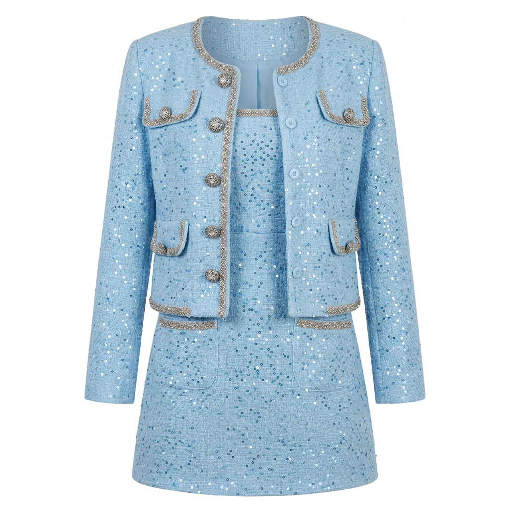 Light Blue Tweed Jacket &amp; Sleeveless Mini Dress Two-Piece Set-Vyana Collective