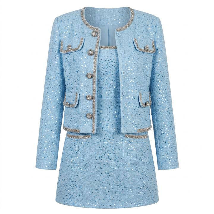 Light Blue Tweed Jacket &amp; Sleeveless Mini Dress Two-Piece Set-Vyana Collective
