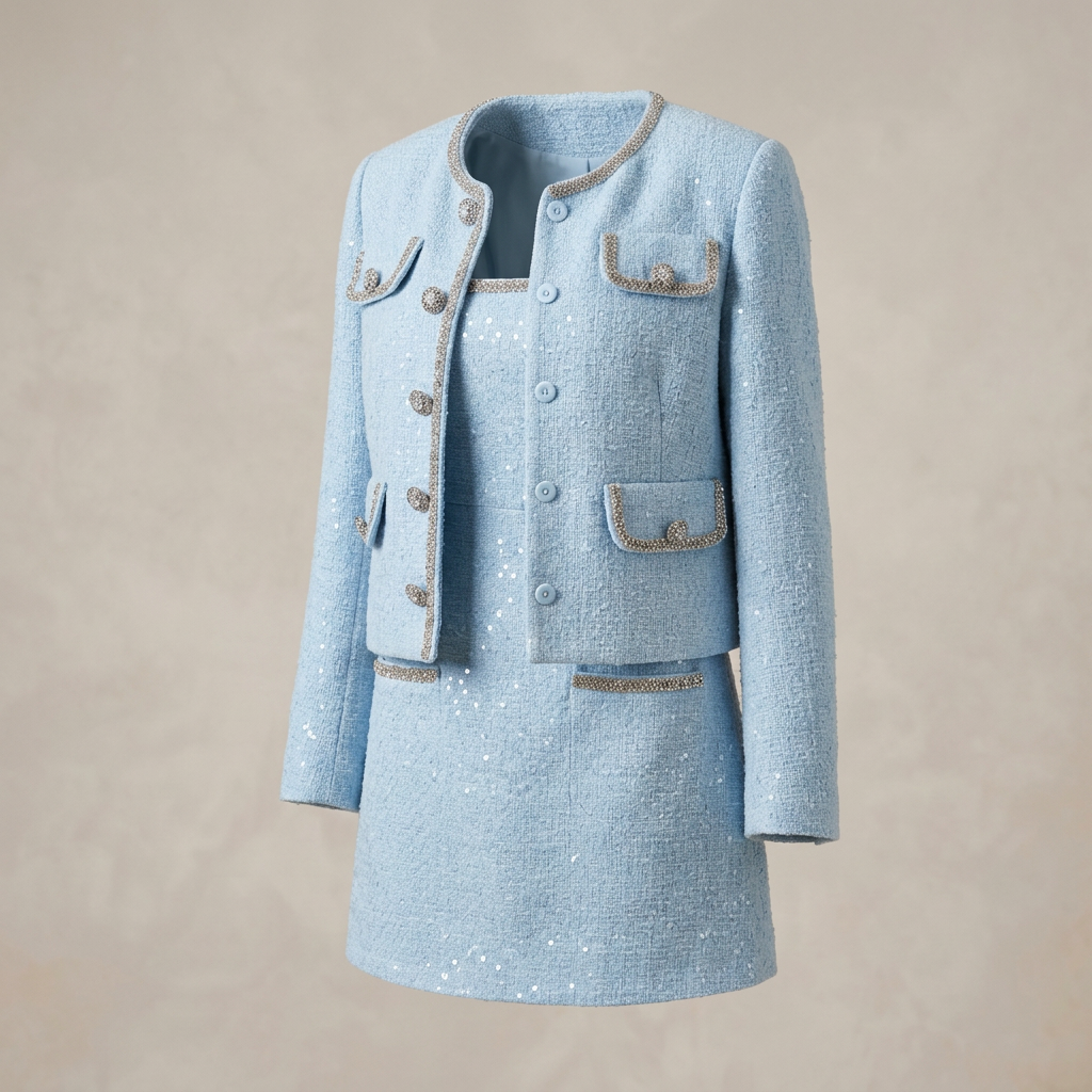 Light Blue Tweed Jacket &amp; Sleeveless Mini Dress Two-Piece Set-Vyana Collective