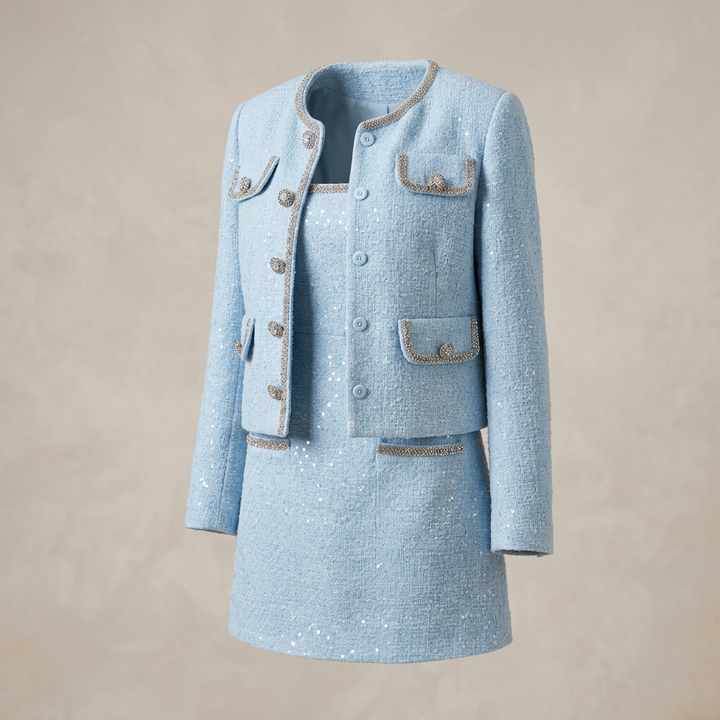 Light Blue Tweed Jacket &amp; Sleeveless Mini Dress Two-Piece Set-Vyana Collective
