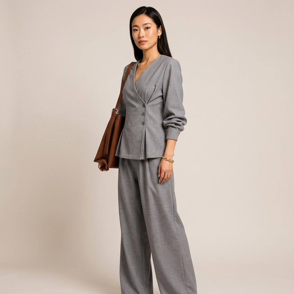 Light Gray Asymmetrical Top and Wide Leg Pants Set-Vyana Collective