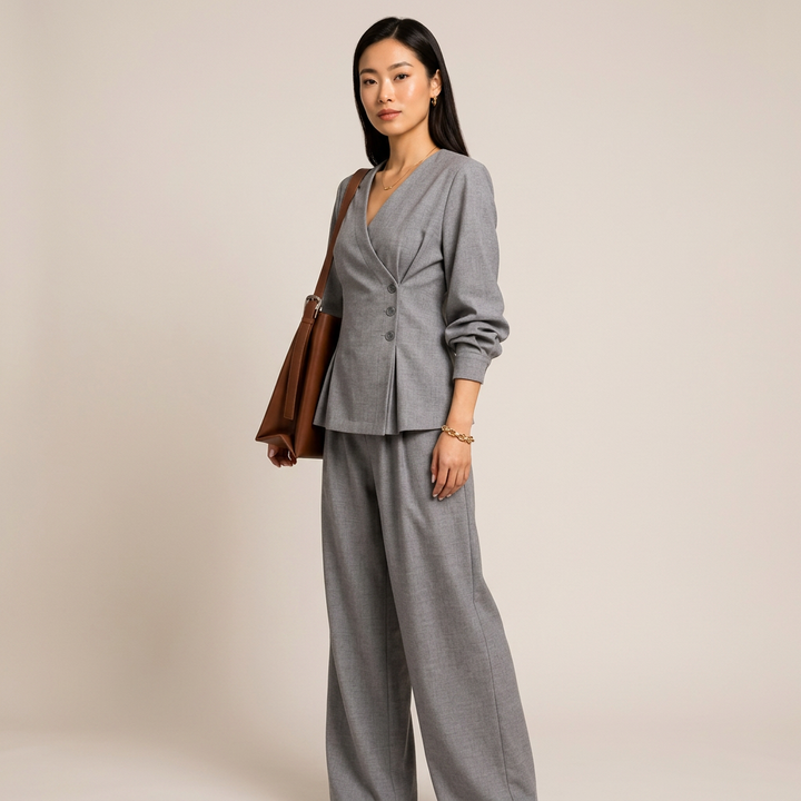 Light Gray Asymmetrical Top and Wide Leg Pants Set-Vyana Collective