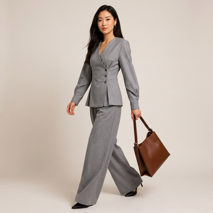 Light Gray Asymmetrical Top and Wide Leg Pants Set-Vyana Collective