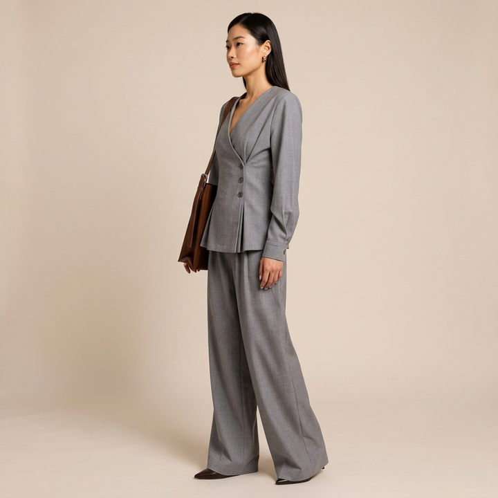 Light Gray Asymmetrical Top and Wide Leg Pants Set-Vyana Collective