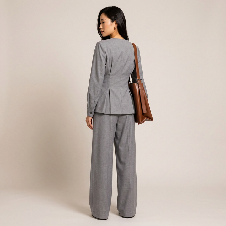 Light Gray Asymmetrical Top and Wide Leg Pants Set-Vyana Collective