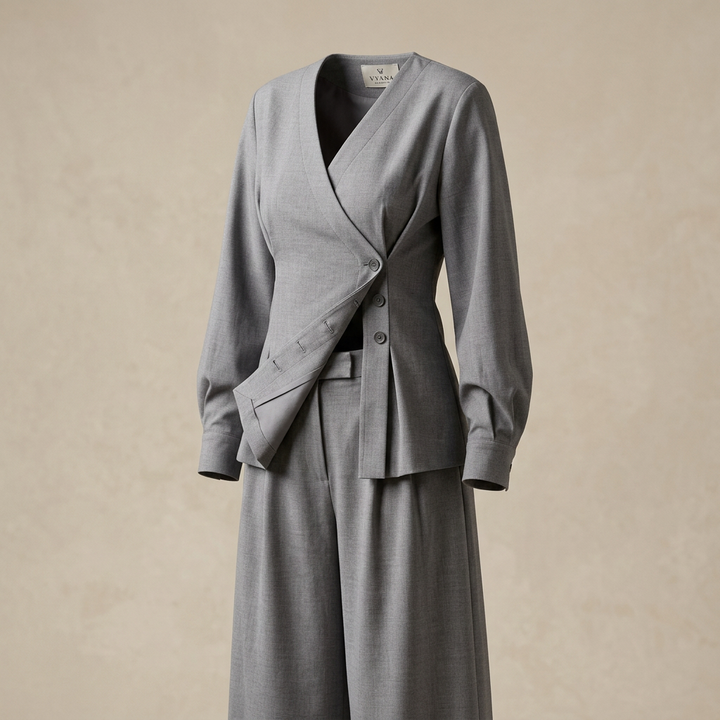 Light Gray Asymmetrical Top and Wide Leg Pants Set-Vyana Collective