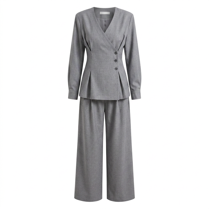 Light Gray Asymmetrical Top and Wide Leg Pants Set-Vyana Collective