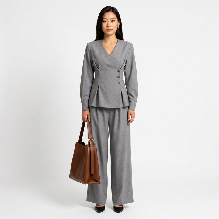 Light Gray Asymmetrical Top and Wide Leg Pants Set-Vyana Collective