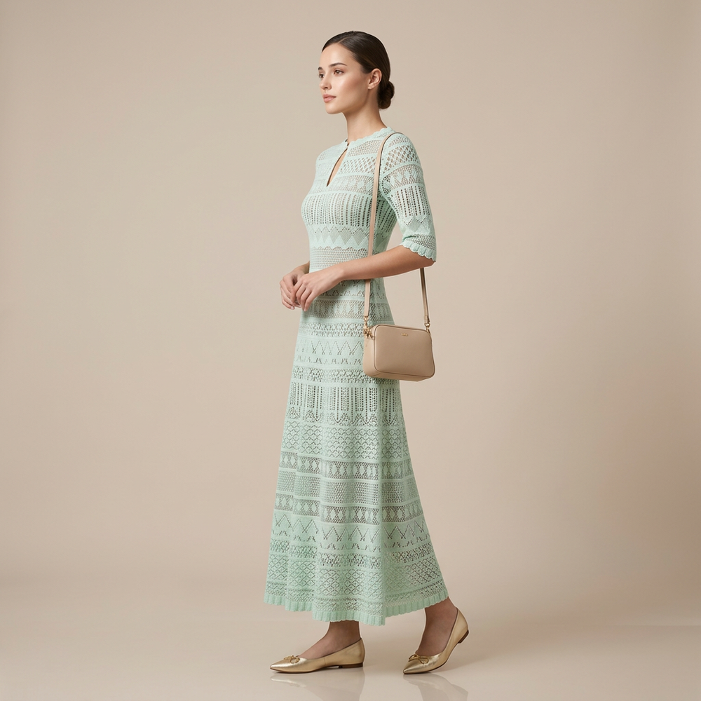 Light Green Pointelle Knit Midi Dress-Vyana Collective