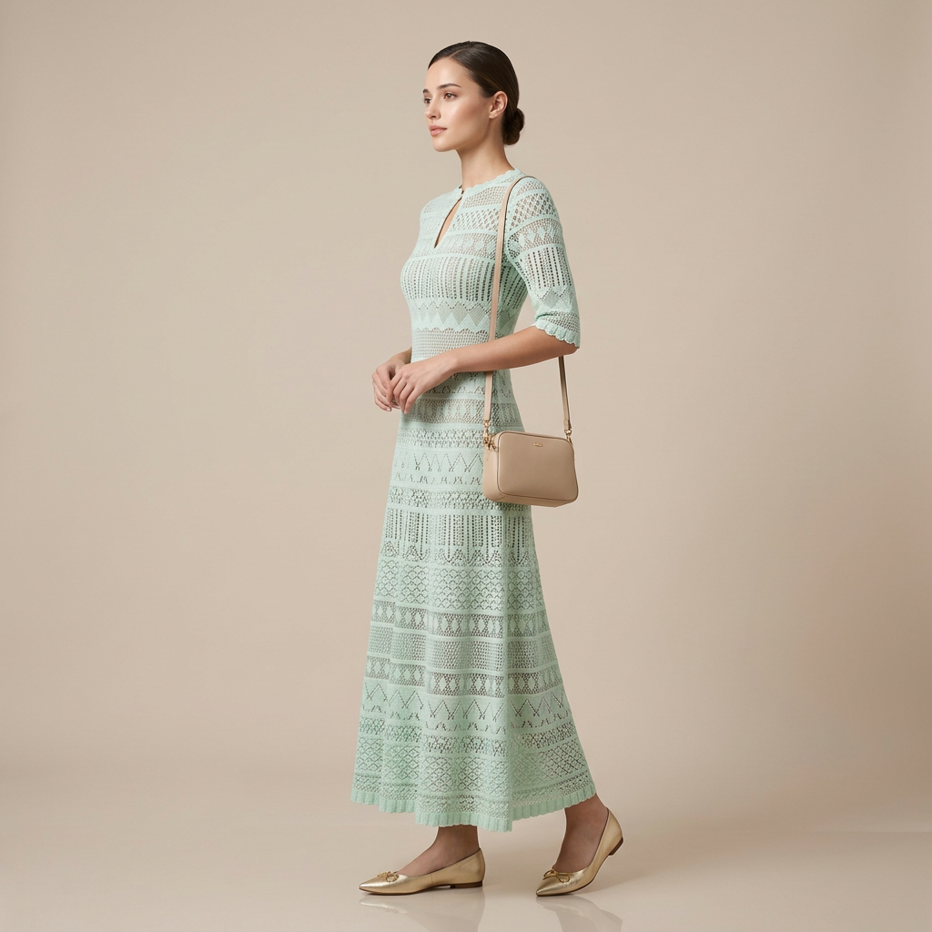 Light Green Pointelle Knit Midi Dress-Vyana Collective