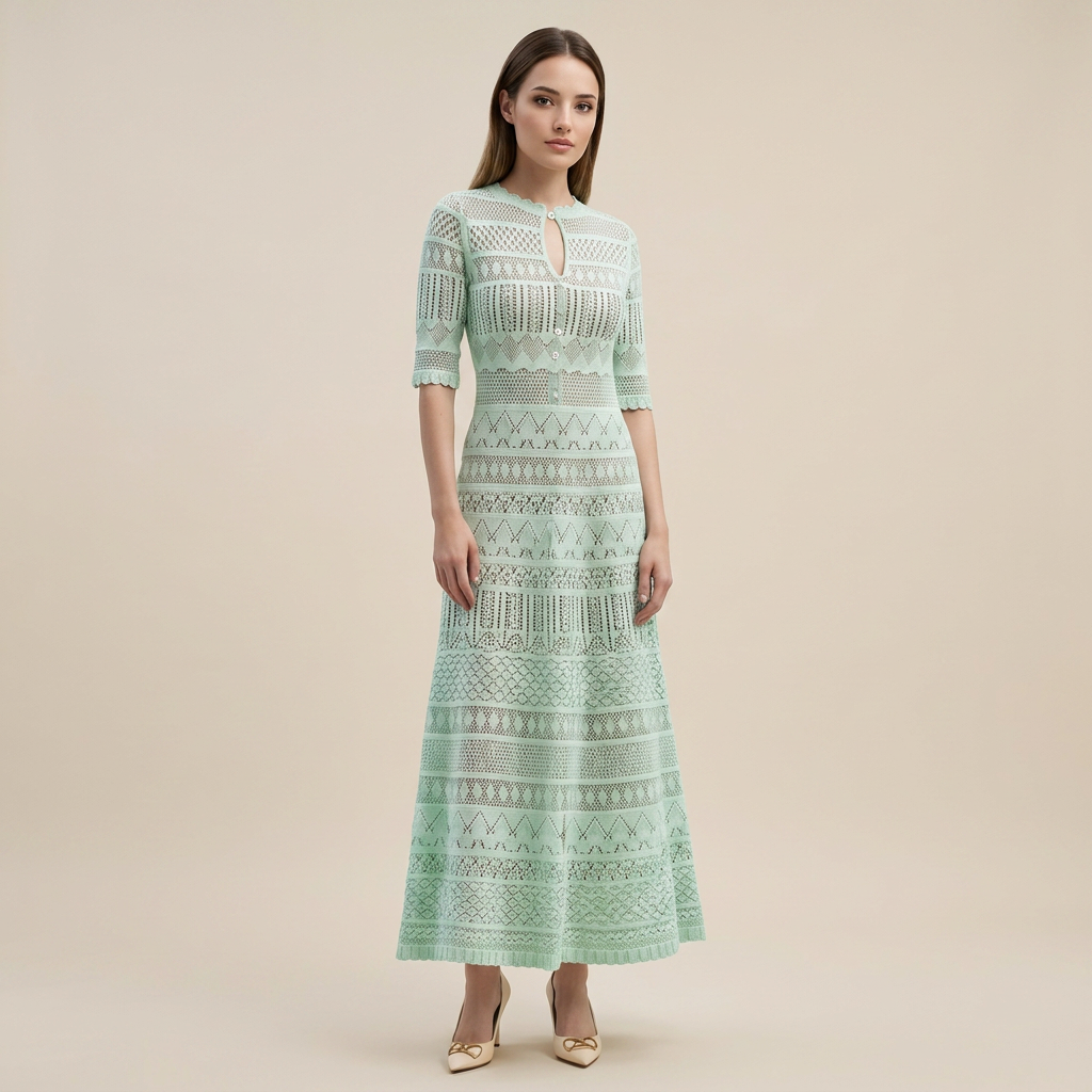 Light Green Pointelle Knit Midi Dress-Vyana Collective