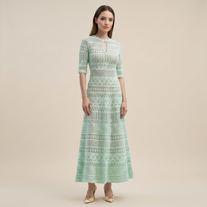 Light Green Pointelle Knit Midi Dress-Vyana Collective