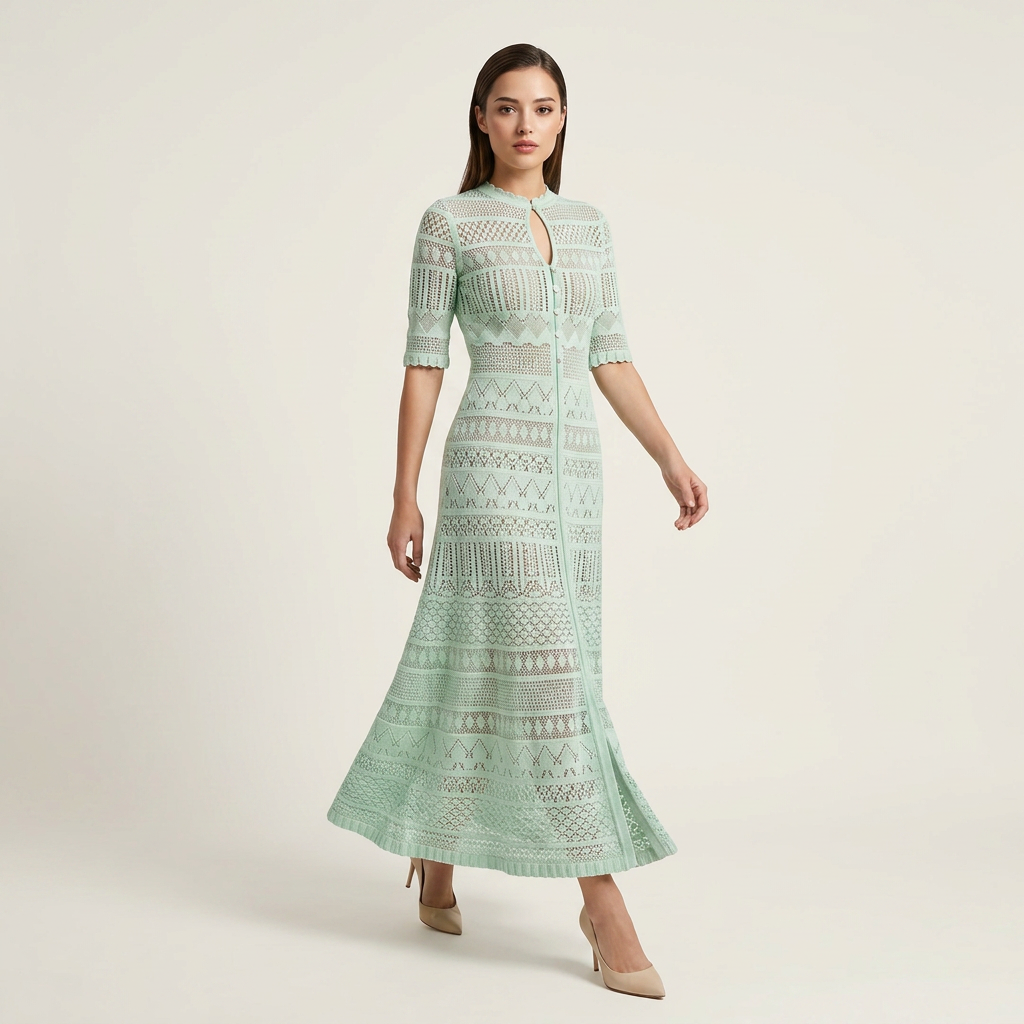 Light Green Pointelle Knit Midi Dress-Vyana Collective