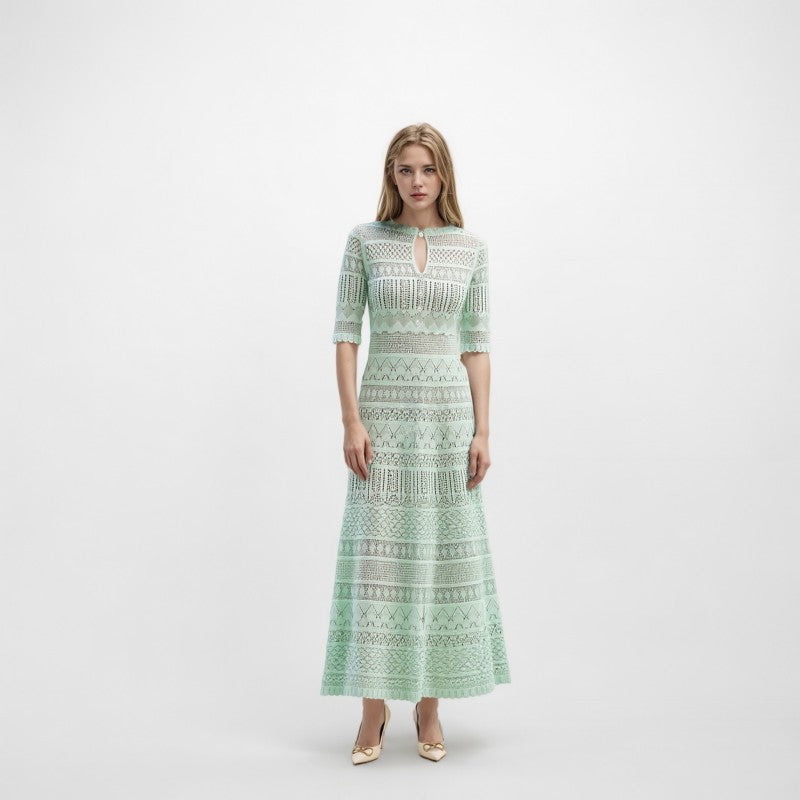 Light Green Pointelle Knit Midi Dress-Vyana Collective