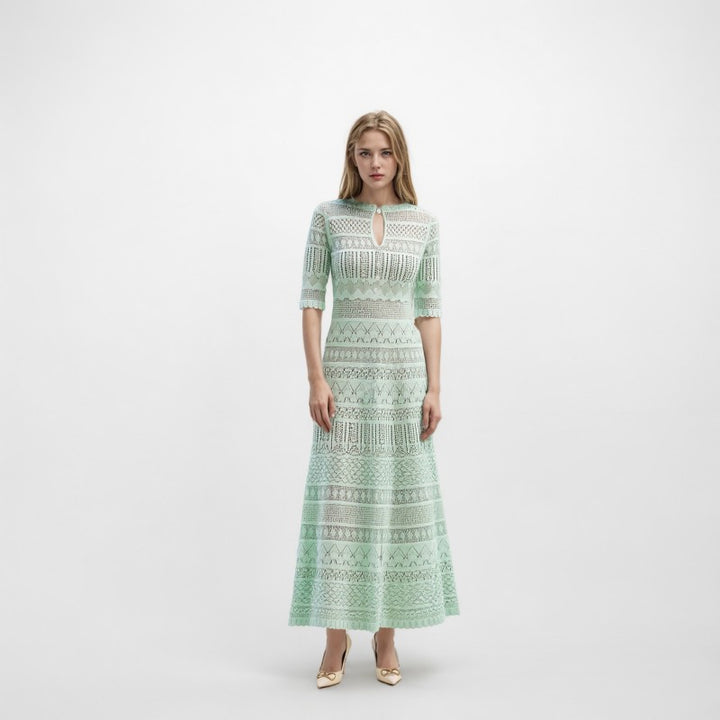 Light Green Pointelle Knit Midi Dress-Vyana Collective
