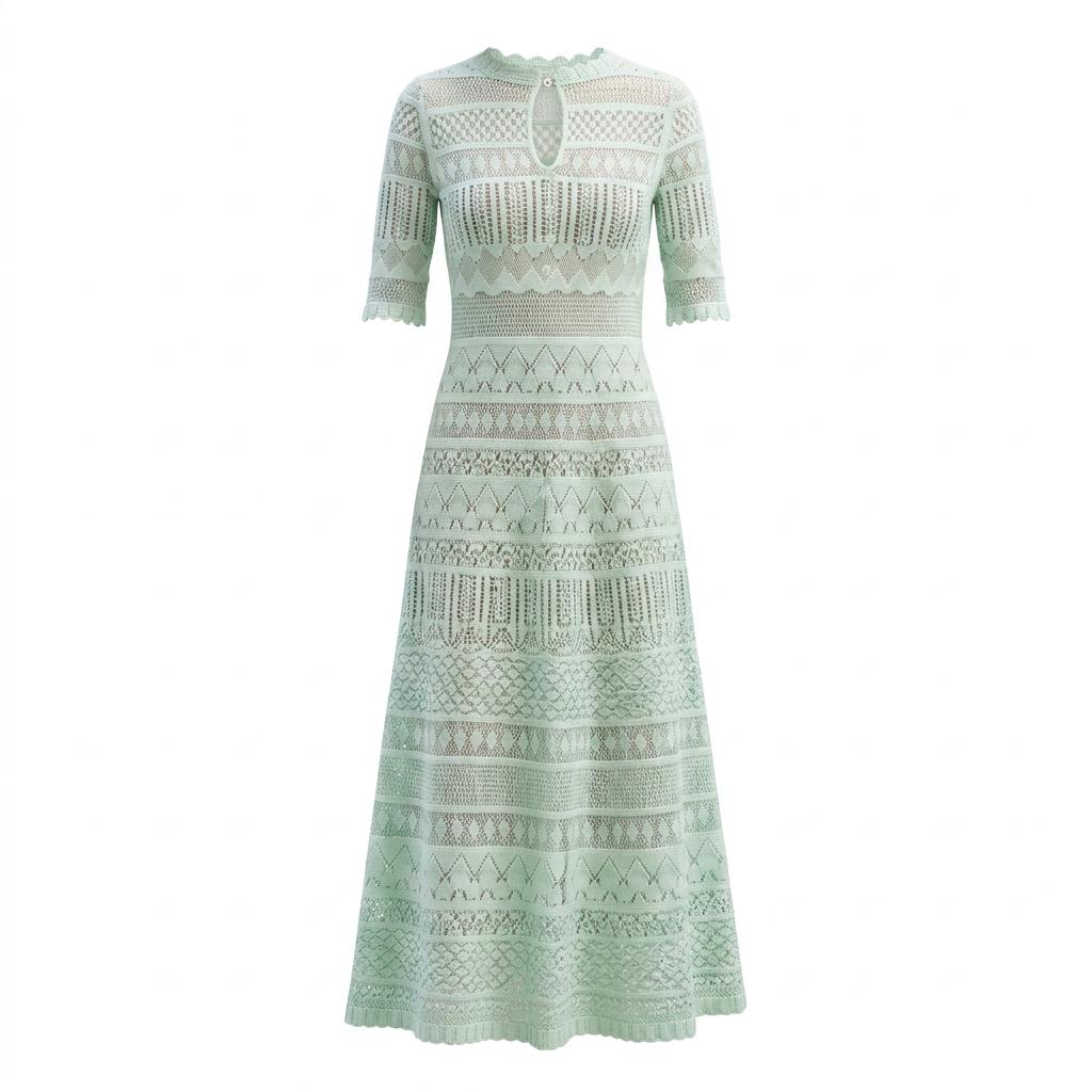 Light Green Pointelle Knit Midi Dress-Vyana Collective