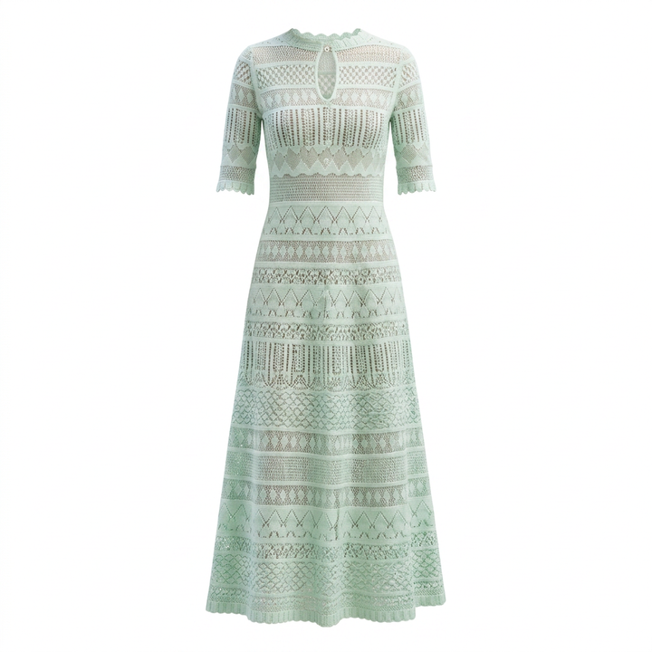 Light Green Pointelle Knit Midi Dress-Vyana Collective