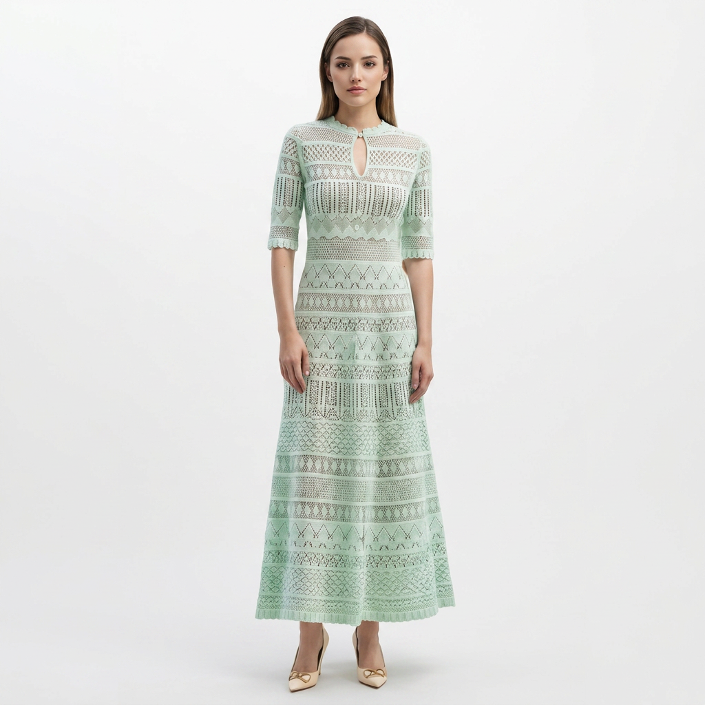 Light Green Pointelle Knit Midi Dress-Vyana Collective
