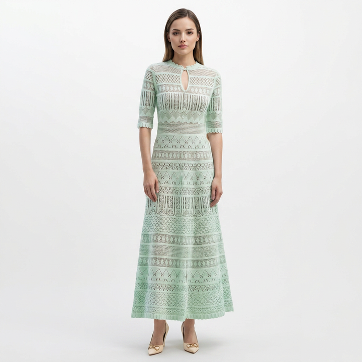 Light Green Pointelle Knit Midi Dress-Vyana Collective