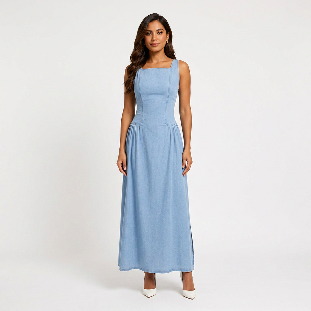 Light Wash Denim Maxi Dress for Casual Daily Wear-Vyana Collective