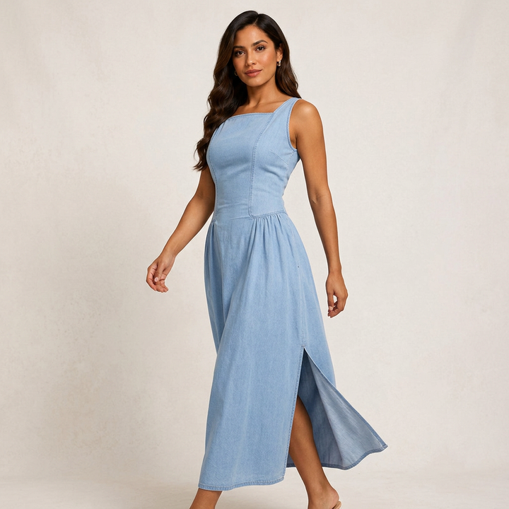 Light Wash Denim Maxi Dress for Casual Daily Wear-Vyana Collective