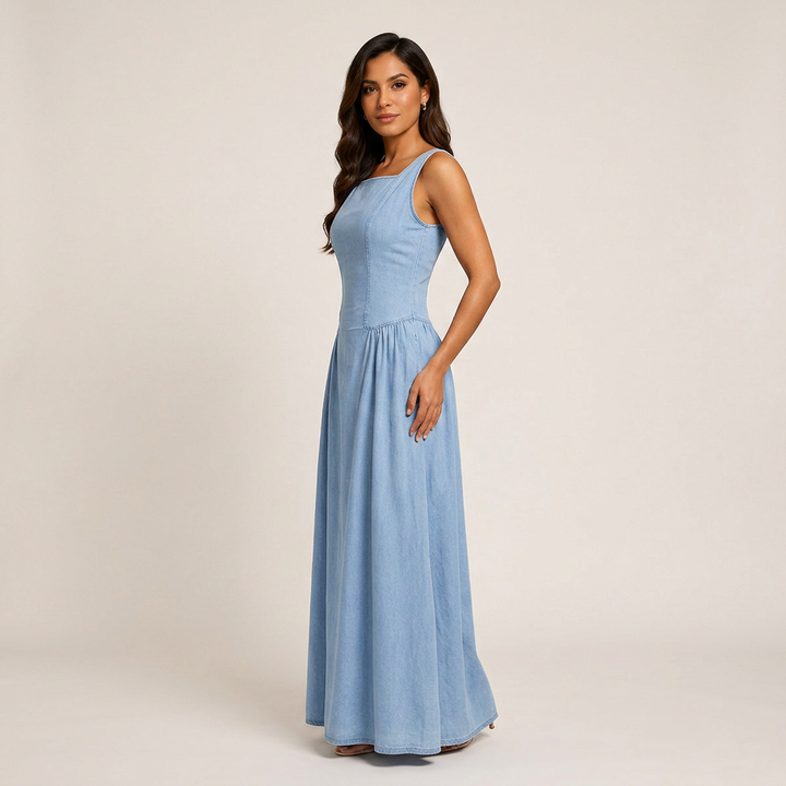 Light Wash Denim Maxi Dress for Casual Daily Wear-Vyana Collective